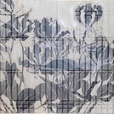 書院格子の向こうに１４d/Beyond shoin latticed window14d  | 
	軍道紙　墨　胡粉　岩絵の具　銀箔　膠　 80 x 160 cm 2015 Gundou-paper(handmade paper mulberry), sumi,gofun,mineral pigments,silver leaf,nikawa
