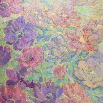 Wind flower 18c | 
	雲肌麻紙 土佐麻紙 岩絵の具 膠 楮紙  45.5x33.3cm  2018 Japanese paper, rock pigment, nikawa,Kouzo paper 
