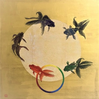 Dream together-2 | 
	細川紙　美濃紙　金箔　岩絵の具　墨　胡粉　牛皮和膠
	33.3x33.3cm 2021
	Japanese paper(handmade paper mulberry), gold leaf, mineral pigments, sumi,gofun, nikawa(animal glue)
