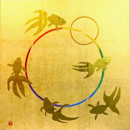 Dream Together-3 | 
	楮紙　美濃紙　金箔　岩絵の具　胡粉　牛皮和膠
	33.3x33.3cm 2022
	Japanese paper(handmade paper mulberry), gold leaf, mineral pigments, gofun, nikawa(animal glue)
